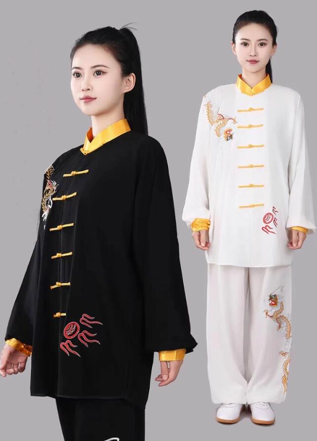 Beulah Fashionの大人太極拳衣装 春夏秋向け　龍刺繍 ゆったりタイプ衣装 2色 大きめ上下2点セット レディース メンズ 男女兼要　中華コスプレ 長袖 武術 太極拳 専門 カンフー 太極拳 練習 表演 ウエア ガーコパンツ 肌優しい大きいサイズ　XS〜3XL　舞台服 演出服｜アングル2
