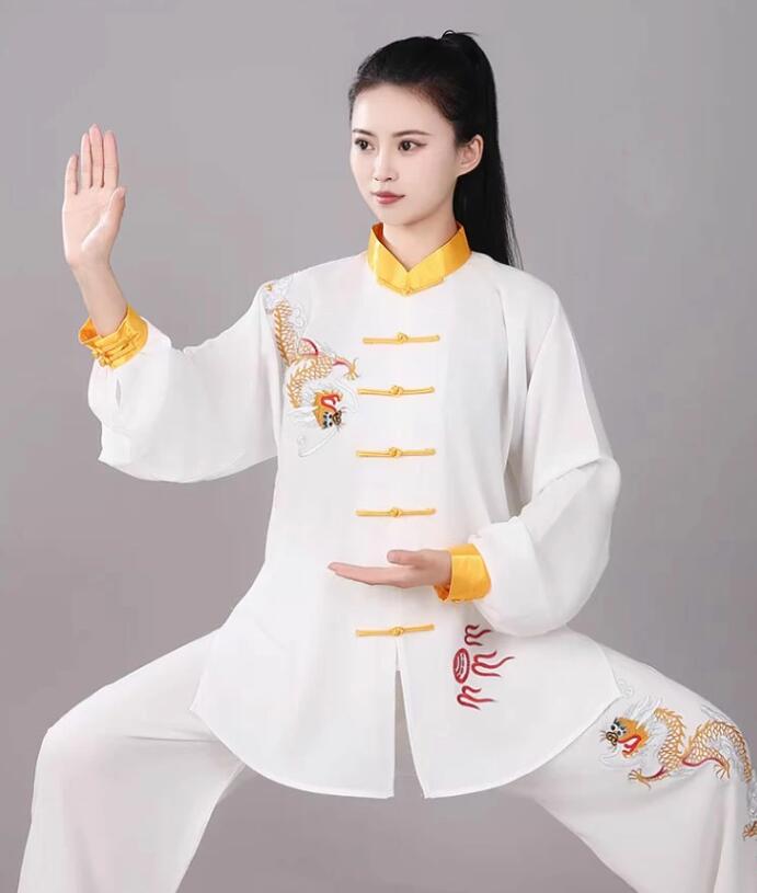 Beulah Fashionの大人太極拳衣装 春夏秋向け　龍刺繍 ゆったりタイプ衣装 2色 大きめ上下2点セット レディース メンズ 男女兼要　中華コスプレ 長袖 武術 太極拳 専門 カンフー 太極拳 練習 表演 ウエア ガーコパンツ 肌優しい大きいサイズ　XS〜3XL　舞台服 演出服｜アングル3