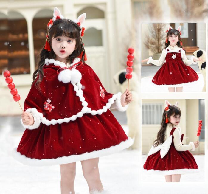クリスマス風　ロリタードレス 女の子 秋冬 ベロアワンピース 厚手 袖なし クリスマスドレス 可愛いリボン付き クリスマスマント 兎耳マント クリスマス元素 ロリータ服 女の子 クリスマス衣装 演出服 新年お祝い 衣装 プレゼント レッド 90 100 110 120 130 140