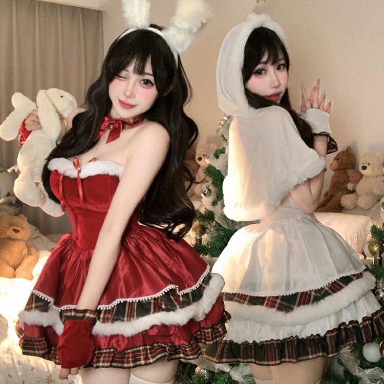 Rakuten - クリスマス 衣装 バニーガール レディース かわいい 5点セット サンタコス コスプレ コスチューム ワンピース ドレス ベアトップ 肩見せ ポンチョ マント ケープ フード付 ウサギ耳 膝丈 セクシー 大人 女性 ハロウィン パーティー イベント