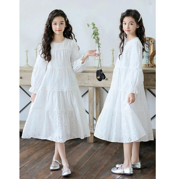 ワンピース キッズ 無地 白 シャツワンピース 女の子 フォーマルワンピース 長袖 フリル襟 透け感 カットワークレース 子供服 膝丈 結婚式 ジュニア カジュアル 春/夏/秋 ジュニア服 小学生 中学生 卒業式 七五三 120 130 140 150 160 165 170
