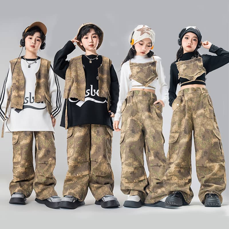 カモフラージュ柄 迷彩 キッズ ダンス衣装 セットアップ hiphop ブラウン トップス...