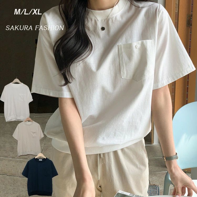 Rakuten - Tシャツ M/L/LL 「送料無料」レディース トップス プルオーバー カットソー 半袖 綿麻 コットンリネン 裾リブ 大きいサイズ ゆったり 春 夏 デザイン クルーネック ポケット 半袖Tシャツ ホワイト ベージュ ネイビー