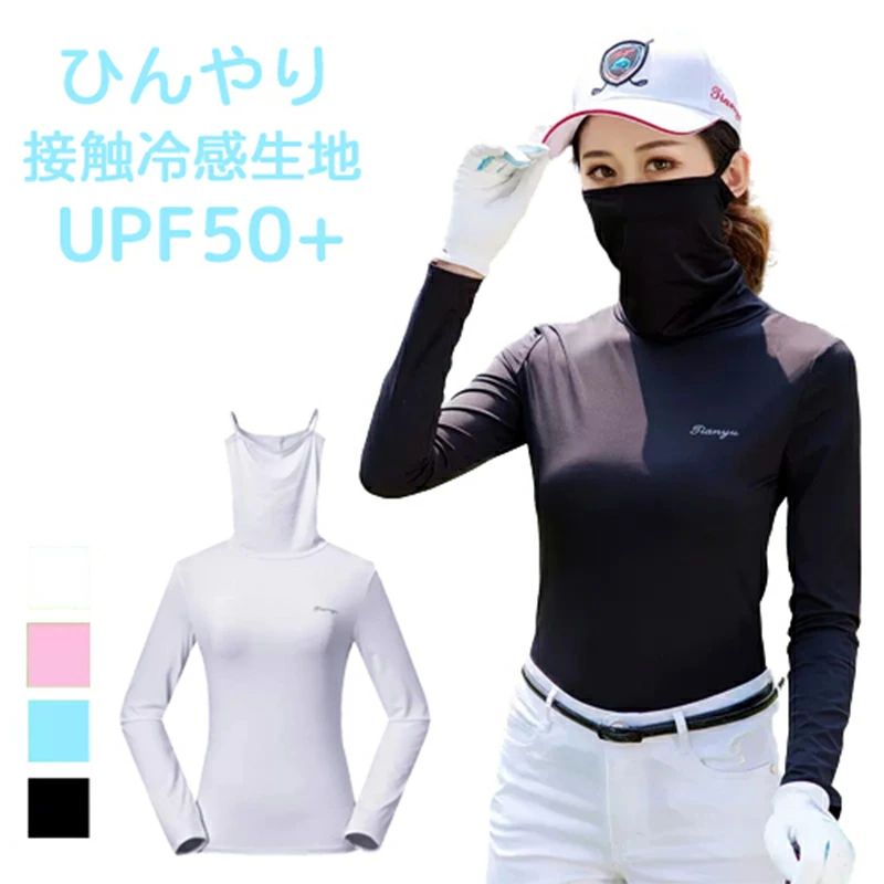 골프웨어 여성 긴 소매 탑스 페이스 커버 디자인 이너 셔츠 UV 컷 UPF50+ 서늘한 접촉 냉감 여성 골프웨어 러쉬 가드 큰 사이즈 흡한 속건 통기 골프 테니스 러닝 운동 차일 자외선 대책