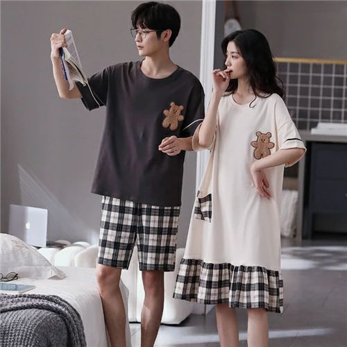 【男女2着セットの価格】ペア パジャマ 半袖 夏 綿100% メンズ ルームウェア ワンピース 外出 レディース ペアパジャ…