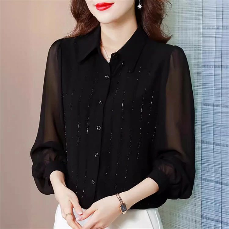 Rakuten - ブラウス シャツ レディース レース シースルー袖 パフスリーブ トップス 女性 ハイネック オフィス カジュアル 長袖シャツ フェミニン シャツブラウス 大人女性 長袖 おしゃれ 通勤 OL カジュアル 女子会 同窓会