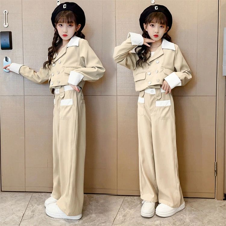 Top & Bottom Sets - スーツセット パンツスーツ 上下セット 2点セット ポッケト付き 女の子 キッズ 子供 パンツスーツ セットアップ ジャケット 子ども 可愛い セレモニー 無地 カジュアル 小学生 中学生 春服 冬服 洋服 発表会 卒業式 入学式 長袖 体型カバー 小学校 中学校 120~170cm
