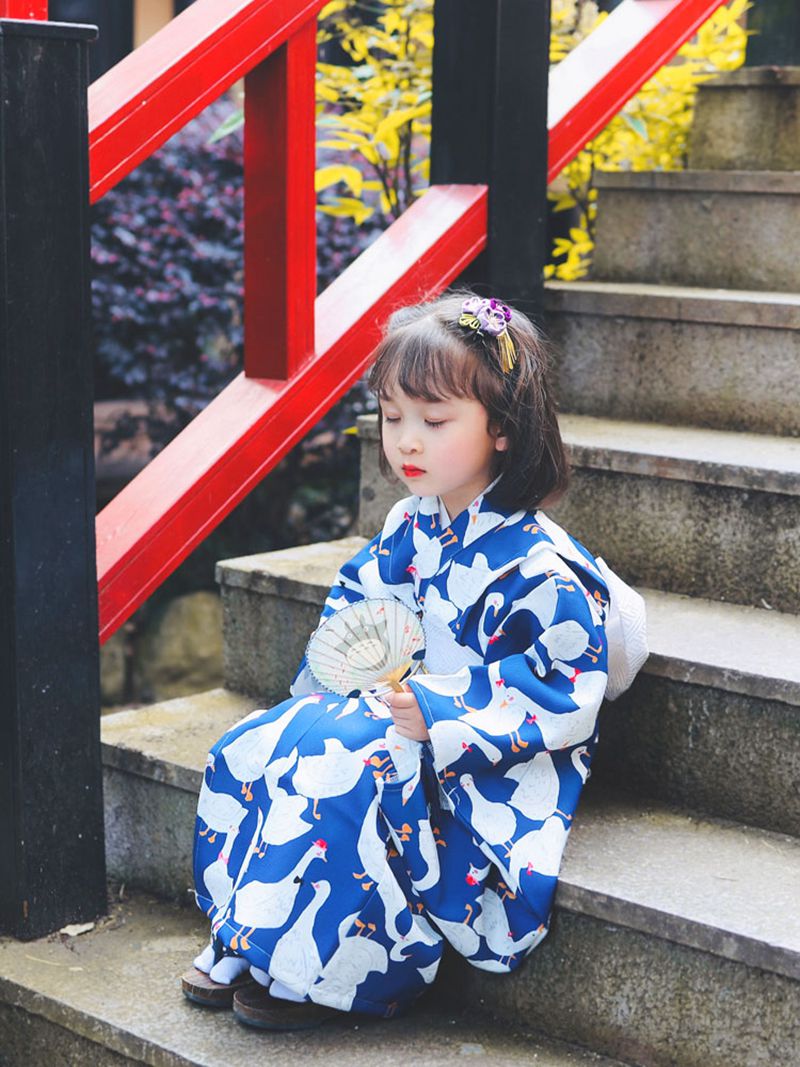 浴衣 ゆかた 子供 アヒル柄 yukata 子ども 女の子 キッズ 簡単着付け 作り帯 セッ...