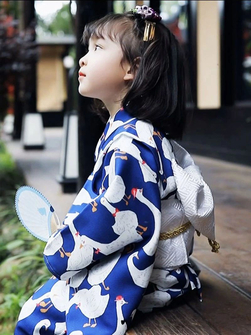 浴衣 ゆかた 子供 アヒル柄 yukata 子ども 女の子 キッズ 簡単着付け 作り帯 セッ...