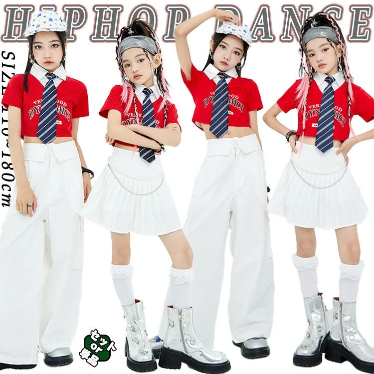 Pants Set - チア チアガール 赤色 レッド ホワイト カーゴパンツ Tシャツ スカート へそ出し ポロシャツ セットアップ jazz 韓国 k-pop 女の子 キッズ ダンス衣装 ジャズ ダンス プリーツスカート かっこいい チアリーダー HIP-HOP おしゃれ 発表会 応援団 演出服 練習着 団体服 個性派