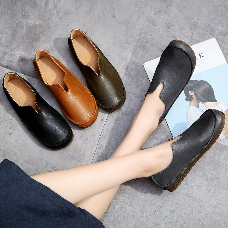 本革 フラットシューズ 4色全 牛革 トップクラフト 丸い頭 復古 婦人柔らかい 軽量 通勤OL 通学歩きや..