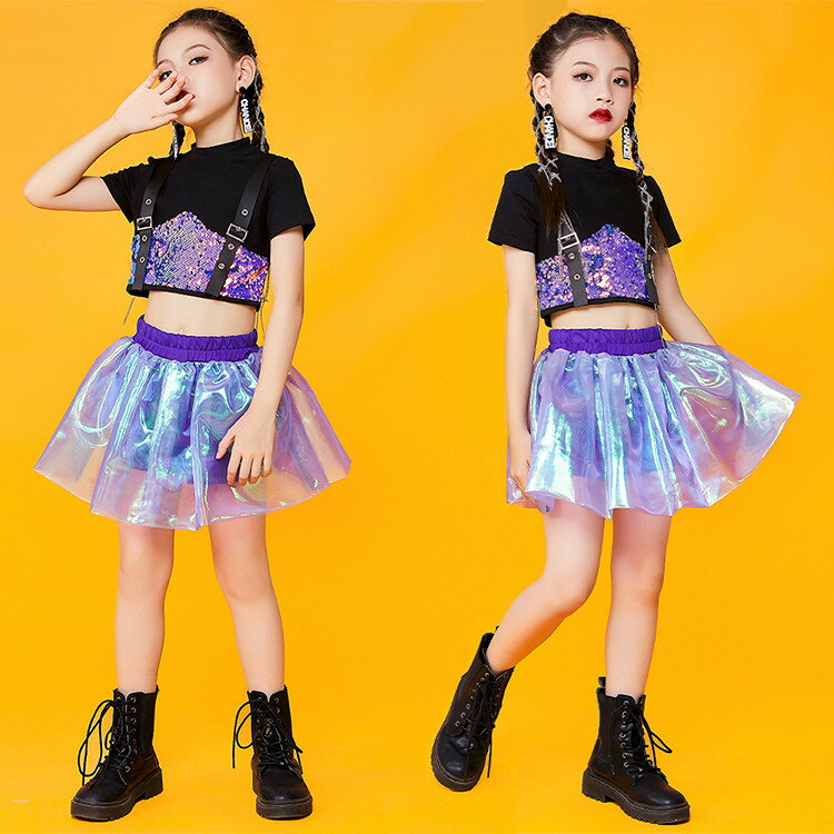 スパンコール ダンス 衣装 女の子 チアガール 紫 スカートセット ジャズ ヒップホ...