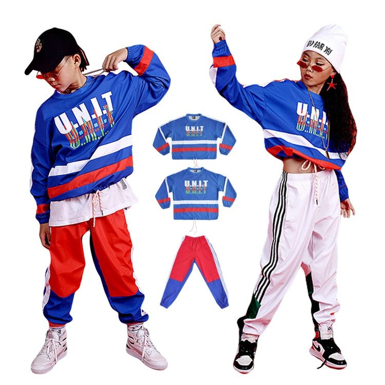 トレーナ 青 キッズ ダンス衣装 セットアップ ヒップホップ パーカー サルエルパンツ ズボン 赤 白 男の子 女の子 子供服 ヒップホップ ストリート 原宿系 レッスン ダンスウェア ジャズ hiphop 120-170(4.0)