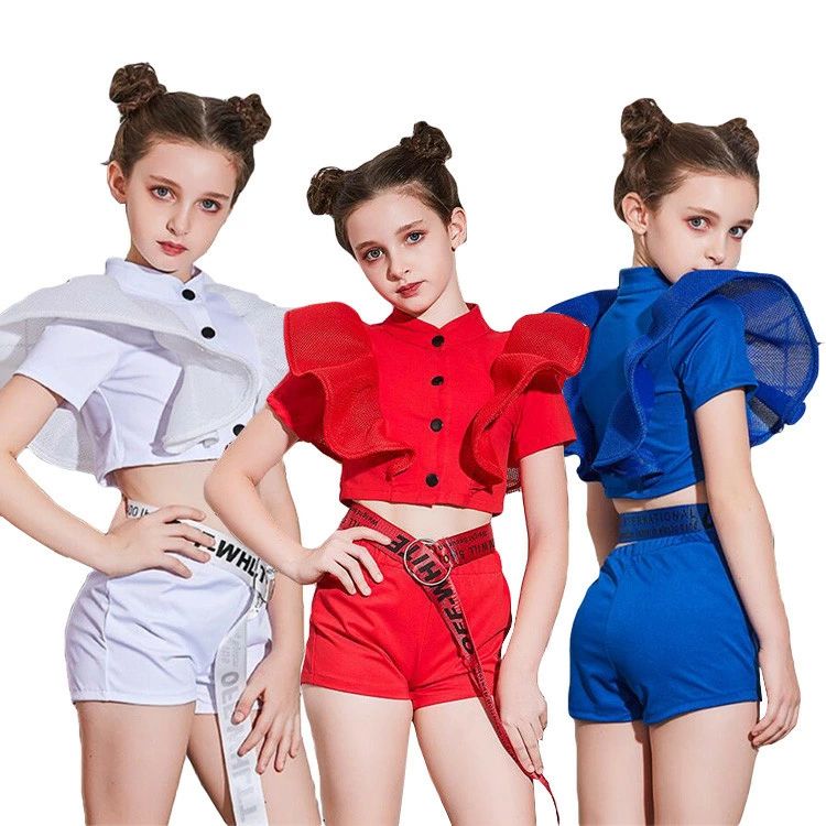Rakuten - フリル トップス ガールズ ジャズ ダンス 衣装 ヒップホップ へそ出し 女の子 白 赤 ブルー キッズ ダンス衣装 セットアップ ガールズ ショートパンツ 女の子 上下 韓国 k-pop 子供 ダンスウェア おしゃれ