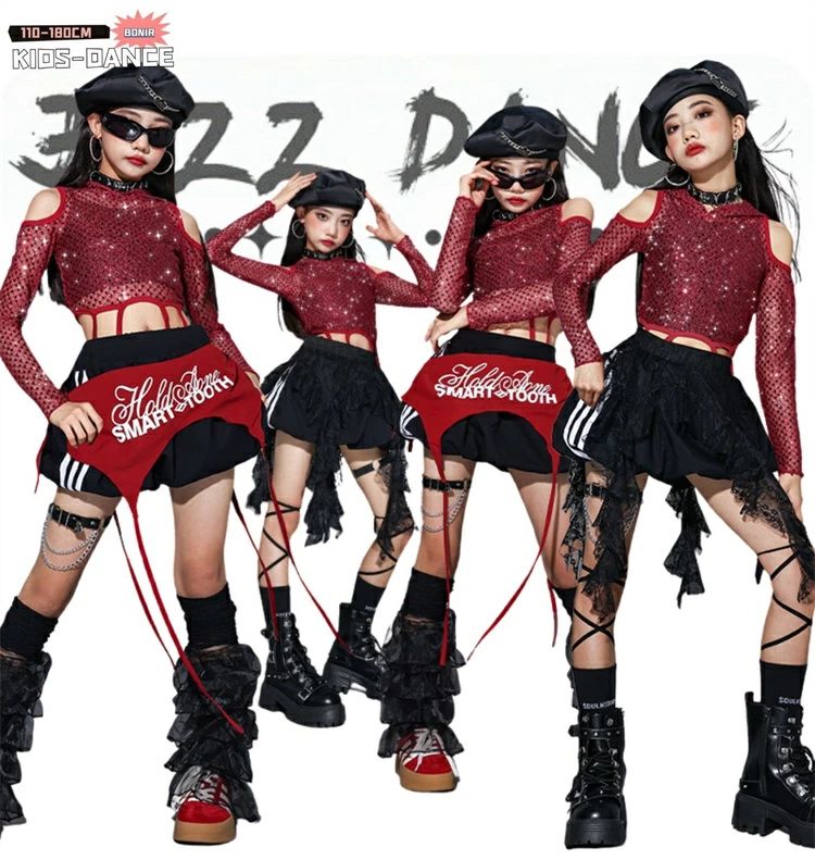 Pants Set - レッド キッズダンス衣装 女の子 セットアップ スパンコールトップス 長袖 スカート 子供服 hiphop ヒップホップ ジャズ おしゃれ かっこいい お洒落 個性 子供服 ガールズ 長袖 文化祭 発表会 ストリート キラキラ衣装 ステージ衣装