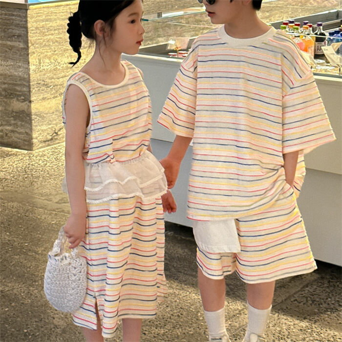 Rakuten - 子供服 兄妹 お揃い 兄妹おそろい セットアップ tシャツ 半ズボン ノースリーブ ワンピース ストライプ 姉弟コーデ リンクコーデ 姉妹 兄妹 姉弟 兄弟 夏 キッズ 女の子 男の子 ベビー かわいい おしゃれ 旅行 ハワイ 出産祝い 誕生日 ギフト 入園 記念日 ギフト 写真撮影