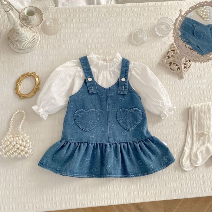 子供服 春夏 ワンピース セットアップ デニムワンピース シャツ 2点セット 女の子 ファッション サロペットスカート 長袖トップス ベビー服 女児 赤ちゃん 幼児 上下セット 可愛い きれいめ お嬢様風 入園 保育園 幼稚園 誕生日 出産お祝い プレゼント