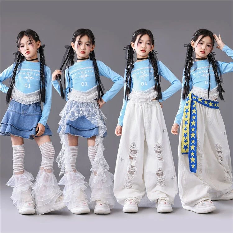 キッズ ダンス衣装 セットアップ ヒップホップ k-pop 衣装 へそ出し トップス 青 水色 ブルー レース 白パンツ ダメージ デニムスカート レッグカバー k-pop 韓国 アイドル 衣装 発表会 原宿系 応援団 HIPHOP 演出服 ストリート ダンスウェア ステージ衣装