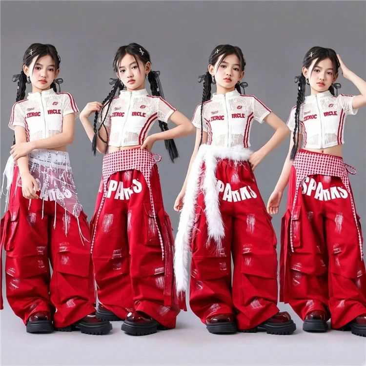 キッズ ダンス衣装 セットアップ 女の子 k-pop 衣装 へそ出し トップス ヒップホップ レース カーゴパンツ レッド チアガール チアダンス 衣装 赤パンツ 韓国 応援団 個性派 HIPHOP 発表会 小学生 高校生 子供 演出服 派手 ダンスウェア ステージ衣装