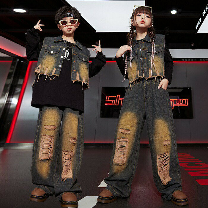 Rakuten - キッズ ダンス衣装 セットアップ デニム ベスト ダメージパンツ ジーパン ダンスパンツ 長ズボン ゆったり かっこいい 韓国 k-pop 衣装 男の子 女の子 ジャズダンス ヒップホップ チアダンス HIPHOP ダンス発表会 応援団 演出服 ダンスウエア 練習着