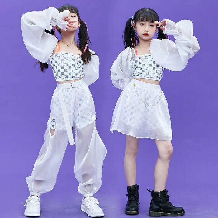 キッズダンス 衣装 セットアップ 白 カーゴパンツ ダメージ パンツ キッズ 女の子 男の子 子供服 長袖 スカート へそ出し k-pop 衣装 韓国 ダンス 白 アイドル 衣装 KPOP ヒップホップ 衣装 チェック柄 ジュニア 練習着 応援団 チアダンス 衣装 キッズ チアガール