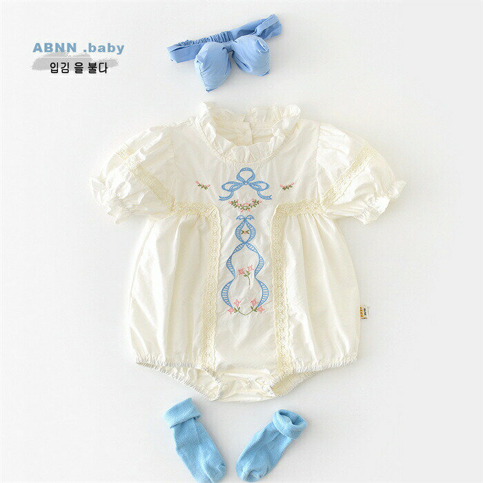 Baby Dresses - ロンパース 韓国風 ベビー 女の子 夏 新作 ロンパース 半袖 ヘアバンド付き 2点セット おしゃれ かわいい 新生児 出産祝い