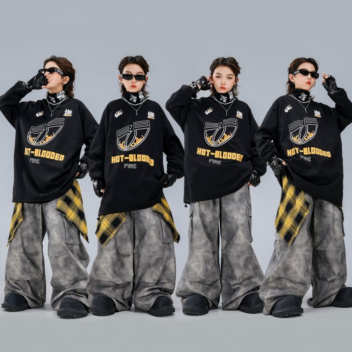 Pants Set - ダンス衣装 キッズ ヒップホップ ロングT トップス ワイドパンツ セットアップ 女の子 男の子 ジャズ かっこいい カジュアル ゆったり おしゃれ ダンスウエア k-pop 舞台服 演出服 練習着 団体服 発表会 個性派