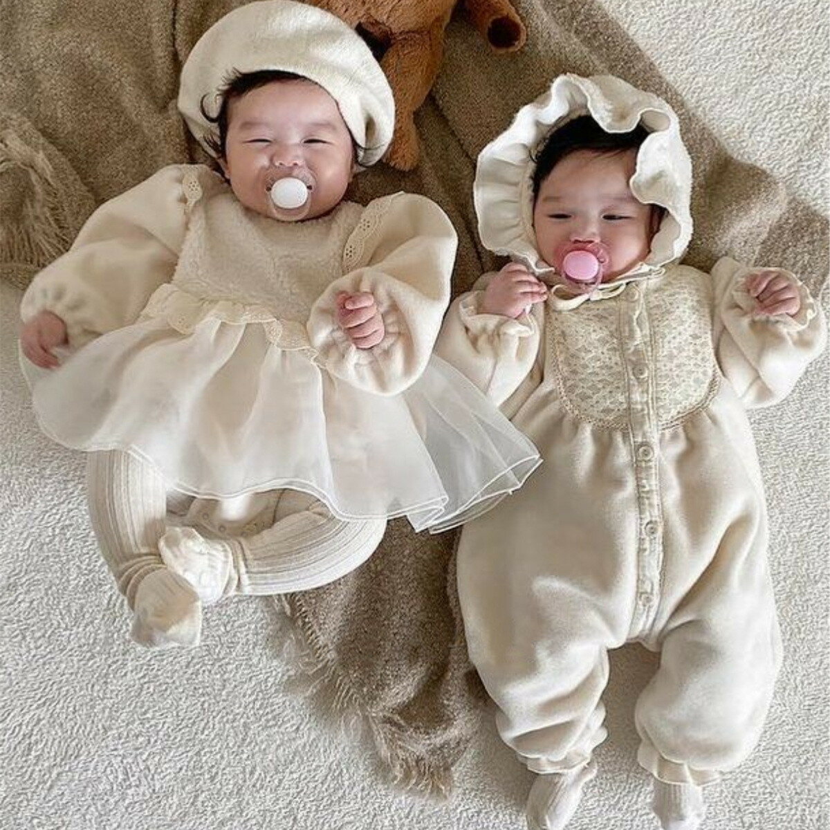 Baby Dresses - セレモニードレス ベビー ボア 帽子セット セレモニーロンパース もこもこ あったか 冬 秋 退院着 新生児 赤ちゃん お宮参り 女の子 男の子 チュールワンピース プレゼント 結婚式 2点セット ベビードレス 長袖 出産祝い ギフト ベビー服