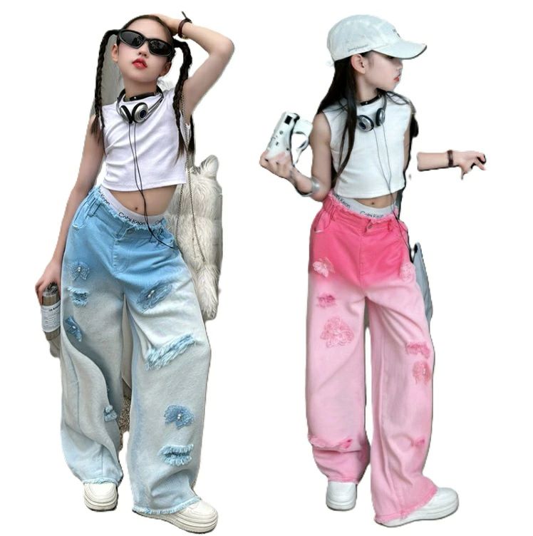 Rakuten - デニムパンツ キッズダンス衣装 グラデーション セットアップ ピンク ブルー 白 タンクトップ ヘソ出し ショート丈 ヒップホップ 上下セット ガウチョパンツ 花柄 演出服 舞台服 ステージ衣装 ガールズ ダンス HIPHOP 練習着 発表会 応援団 韓国風 110-170cm
