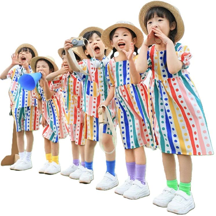 キッズダンス衣装 子供服 お揃い衣装 ドット ストライプ柄 カラフル ワンピース シャツ ハーフパンツ ダンス衣装 ヒップホップ 団体イベント お揃い セットアップ パンツ 100/110/120/130/140/150/160/170/180cm