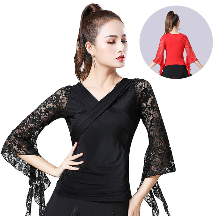 ラテンダンス トップス フレア袖 花レース シースルー Vネック ダンストップス レッスン着 レディースダンス衣装 アシンメトリー 社交ダンス モダンダンス ダンスウェア 練習着 バレエ ラテン ジャズ 競技着 社交 練功服 舞台ステージ衣装 透け感 おしゃれ L XL 2XL 3XL 4XL
