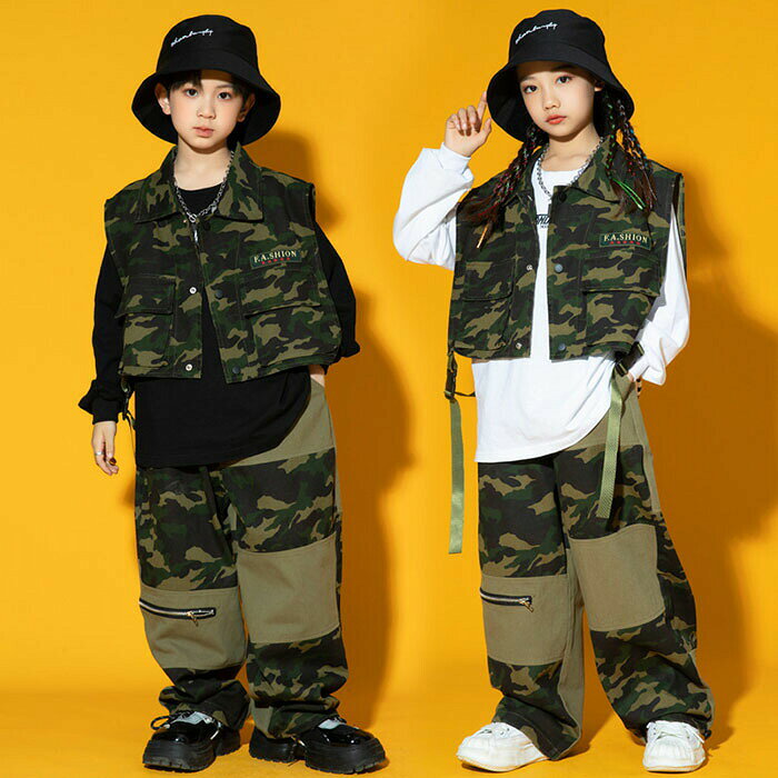 Rakuten - キッズ ストリートダンス衣装 ヒップホップ ダンスウェア 3点セット ベスト シャツ パンツ 迷彩柄 ジャズダンス 子供ダンス衣装 ジュニア キッズ服 子供服 女の子 男の子 舞台 発表会 運動会 チアダンス 団体お揃い ステージ衣装 カジュアル かっこいい 110-170cm