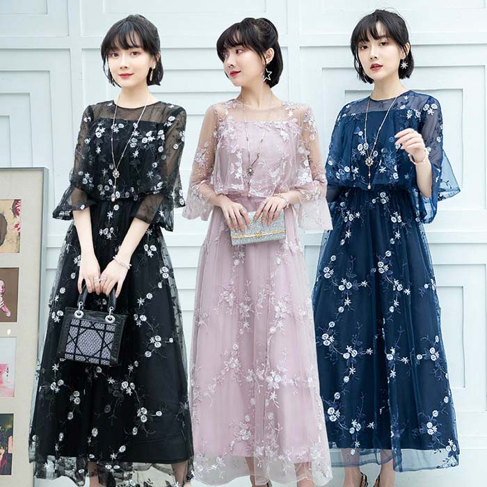 Rakuten - オケージョン ドレス 花刺繍 結婚式 ワンピース レース シースルー フレア袖 パーティードレス ロングドレス 親族 母親 お呼ばれ ママ 披露宴 試着 ゆったり カバー フォーマル 膝下 大きいサイズ 20代 30代 40代 成人式 二次会 演奏会 謝恩会 同窓会 発表会 ピアノ きれいめ
