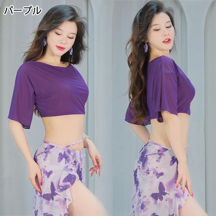 ベリーダンス 衣装 レディース ダンストップス 練功服 半袖 へそ出し メッシュ ゆ...