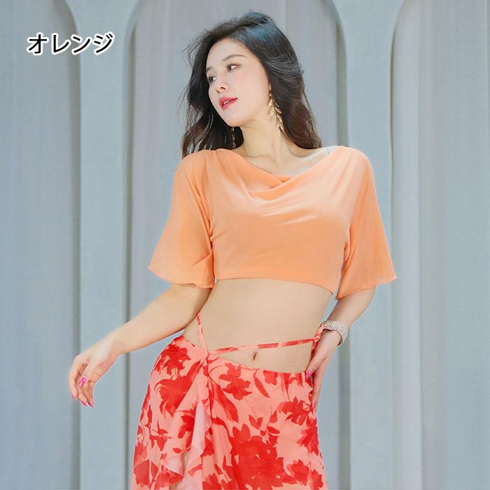 ベリーダンス 衣装 レディース ダンストップス 練功服 半袖 へそ出し メッシュ ゆ...