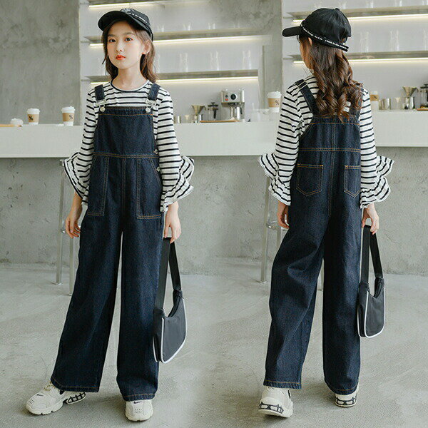 Overalls - デニムオーバーオール キッズ デニムパンツ サロペット サロペットデニム ロング丈 子供 ワイドパンツ デニム ストレート デニムパンツ 子供服 女の子 ロングパンツ ボトムス サイドボタン ジュニア キッズ服 オールインワン 通学 普段着