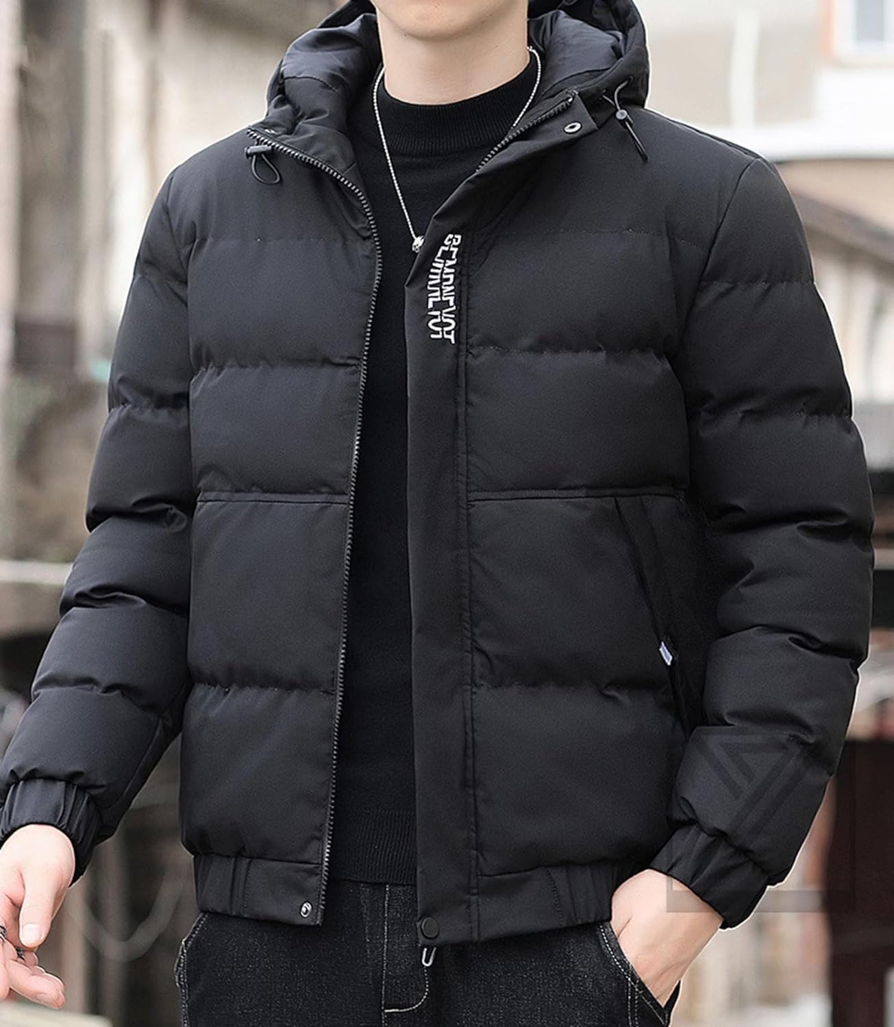 Beulah Fashionの新作登場！ダウンジャケット メンズ ゆったり ビッグサイズ M-3XL フェイクダウン プリント柄 中綿ジャケット 大きいサイズ フード付き 冬服 暖かいアウター 軽量 おしゃれ ブラック 防寒｜アングル2
