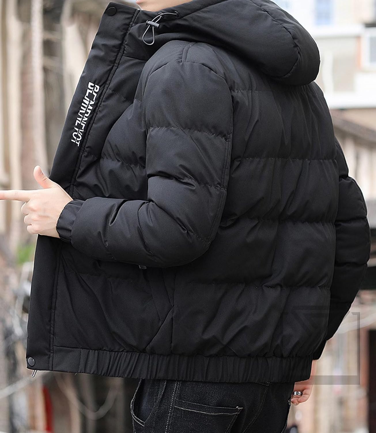 Beulah Fashionの新作登場！ダウンジャケット メンズ ゆったり ビッグサイズ M-3XL フェイクダウン プリント柄 中綿ジャケット 大きいサイズ フード付き 冬服 暖かいアウター 軽量 おしゃれ ブラック 防寒｜アングル3
