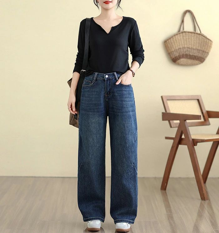 Rakuten - デニムパンツ 春 ワイドパンツ レディース パンツ ジーパン ボトムス 大きいサイズ ロング丈 長ズボン デニム ジーンズ ハイウエスト ゆったり 体型カバー 美脚パンツ 柔らか カジュアル シンプル キレイメ 着痩せ 春秋 送料無料