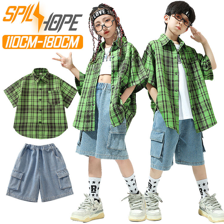 樂天商城 - 緑 チェック柄 半袖 シャツ 単品 セット キッズ ダンス衣装 セットアップ 女の子 男の子 夏 カジュアルシャツ かっこいい おしゃれ ゆったり ピッタリ タンクトップ トップス デニムパンツ ヒップホップ ジャズダンス 韓国 k-pop 演出服 発表会 応援団 団体服 練習着 派手