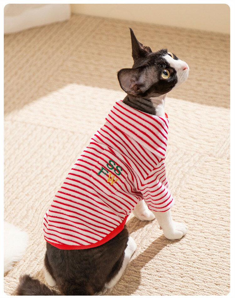 猫服 犬服 長袖 柔らかい 肌着 ストライプ スフィンクス猫 キャットウエア セーター パーカー 春夏秋 コニス無毛の猫 着脱簡単 アウトドア ペットウエア おしゃれ デボンレックス コーニッシュレックス アビシニアン ピーターボールド クリスマス 3