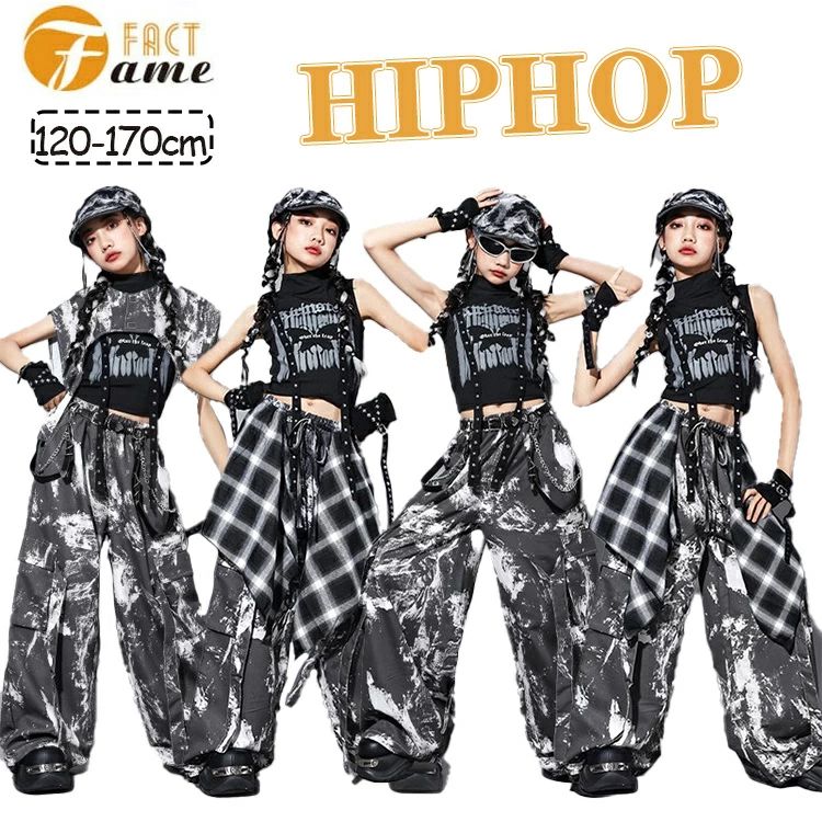 乐天商城 - 迷彩 ダンス ブラック ジャズ 女の子 へそ出し タンクトップ セットアップ 迷彩パンツ ダンス衣装 ジャッズ ヒップホップ ストリート系 カッコイイ オシャレ jazz DJ K-POP 舞台 練習着 団体服 応援団 発表会 110-170cm