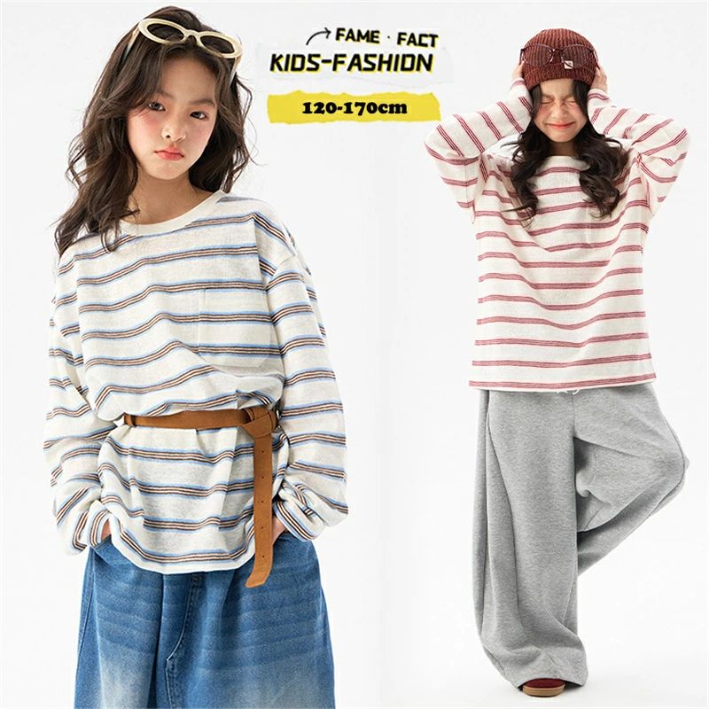Rakuten - キッズ 女の子 長袖Tシャツ ボーダー トップス 長袖トレーナー ゆったり ワイドシルエット ジュニア 通学 カジュアル 韓国子供服 可愛い おしゃれ 子ども服 ジュニア 春夏秋 お出かけ 日焼け止め 普段着 120 130 140 150 160 170