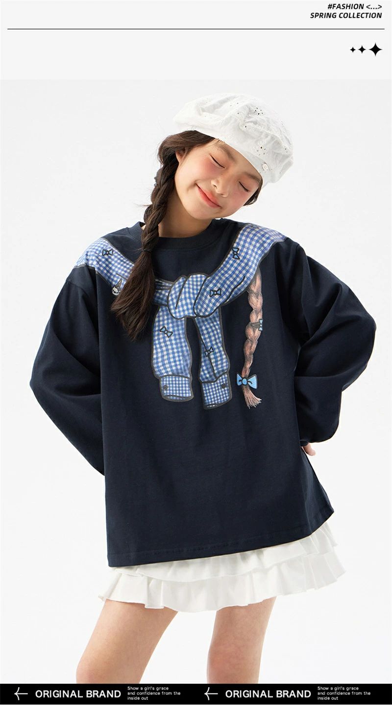 Beulah Fashionの子供服 女の子 長袖 プリント トップス 上下セット カジュアル 韓国風 韓国子供服 セットアップ キッズ 可愛い 長袖シャツ 白スカート トレーナー スウェット 普段着 子ども服 ジュニア カジュアル 春秋 お出かけ 120cm 130cm 140cm 150cm 160cm 170cm｜アングル2