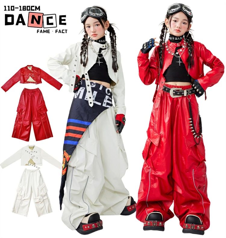 ダンス衣装 女の子 キッズ レザー セットアップ トップス カーゴパンツ レッド ホワイト ヒップホップ 2タイプ hiphop おしゃれ かっこいい お洒落 個性 子供服 文化祭 発表会 ガールズ ストリート ステージ衣装 応援団 普段着 団体服 発表会