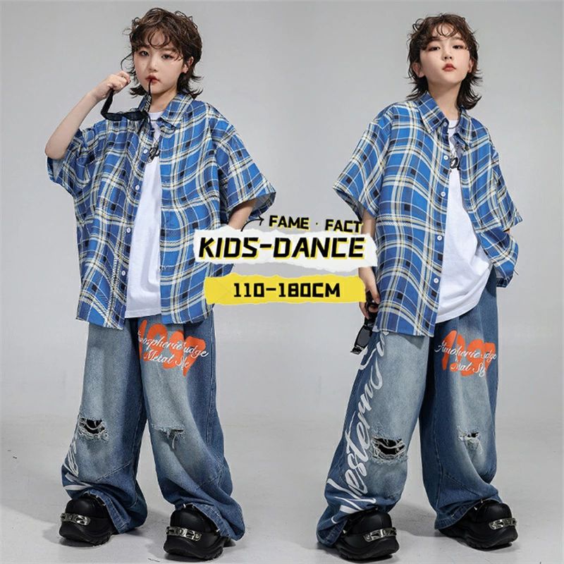 Rakuten - ダンス衣装 キッズ セットアップ ダンス服 子供服 男の子 女の子 チェック柄 半袖 シャツ トップス ワイドパンツ デニムパンツ ステージ衣装 発表会 Y2K キッズダンス ヒップホップ ジュニア ストリート系 普段着 カジュアル ダンスウエア 舞台衣装 KPOP おしゃれ 練習着