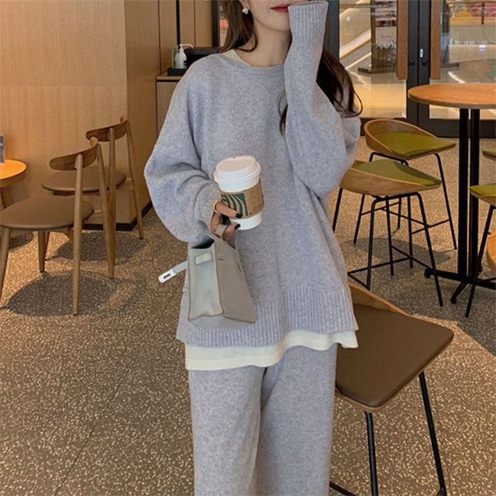 ニット セットアップ パンツ レディース 秋冬 ニットセットアップ 長袖 冬 レイヤード風 ニットセーター 長袖 クルーネック プルオーバー ワイドパンツ ニットパンツ 2点セット 上下セット パンツセット 通勤 カジュアル シンプル ゆったり リブニット 黒 3