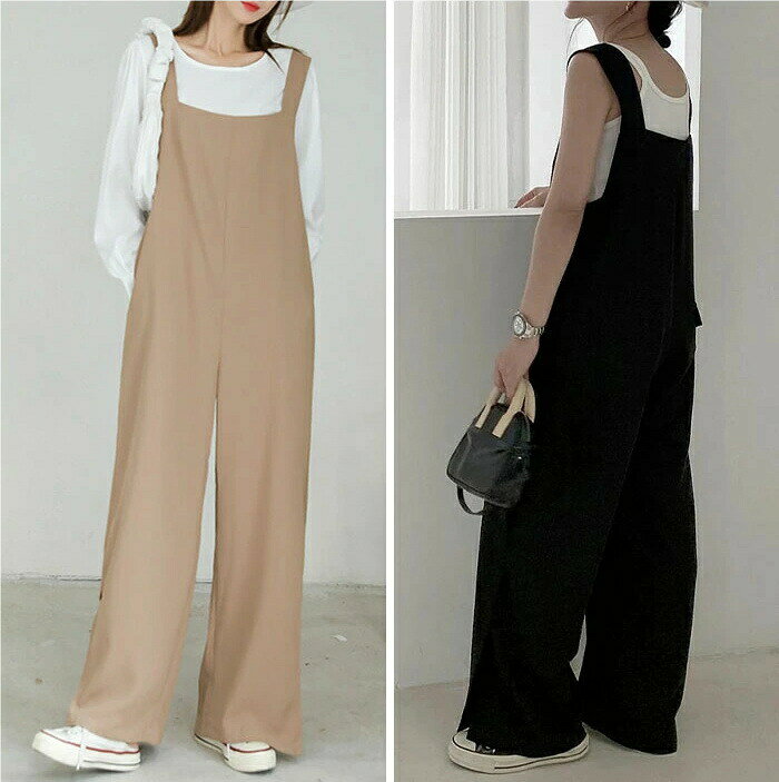 Beulah Fashionのオールインワン サロペット レディース 春 夏 ワイドパンツ ロング丈 無地 オーバーオール 体型カバー ゆったり つなぎ ロンパース サロペ サロペットパンツ ロング ボトムス シンプル カジュアル 大人 オシャレ 20代 30代 40代 50代｜アングル2