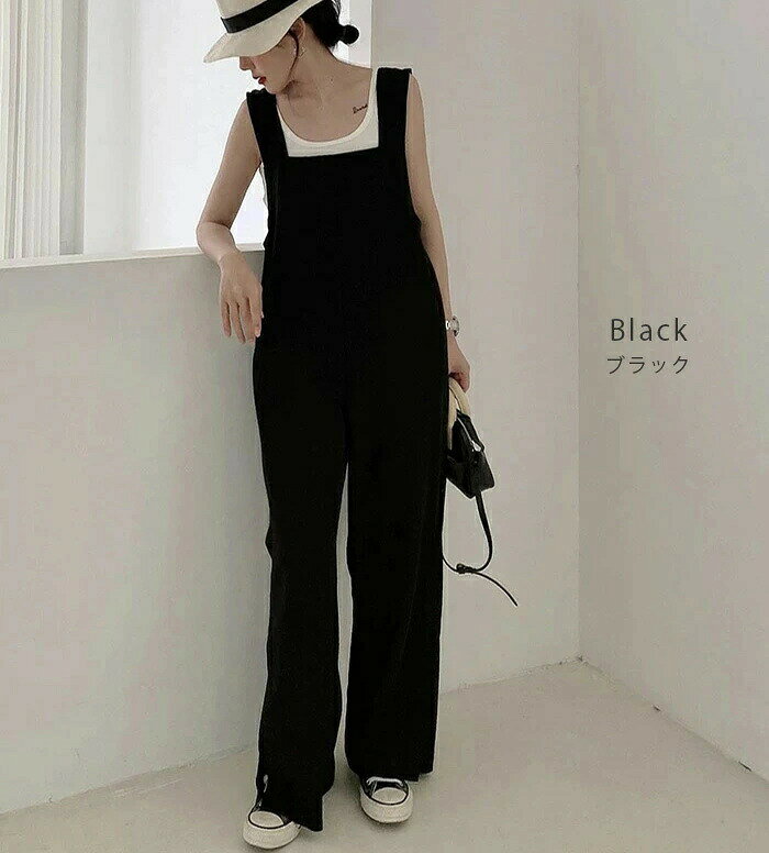 Beulah Fashionのオールインワン サロペット レディース 春 夏 ワイドパンツ ロング丈 無地 オーバーオール 体型カバー ゆったり つなぎ ロンパース サロペ サロペットパンツ ロング ボトムス シンプル カジュアル 大人 オシャレ 20代 30代 40代 50代｜アングル3