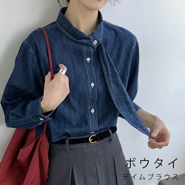 デニム シャツ レディース 柔らかい ブラウス ボウタイ リボン ブルー トップス シャツブラウス デニムシャツ ボウタイブラウス 長袖 ..